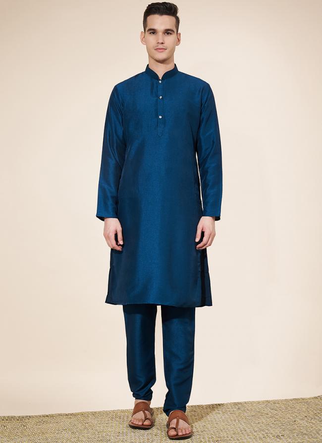 Pure Silk Royal Blue Traditional Wear Plain Readymade Kurta Pajama